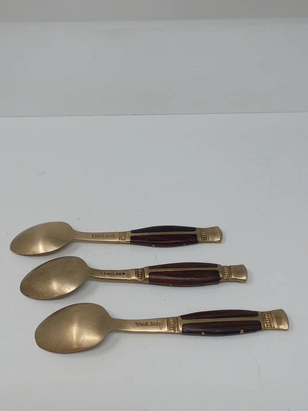 Vintage 1960's Thailand Brass Dessert Spoons with Brown Teak Wood Handles